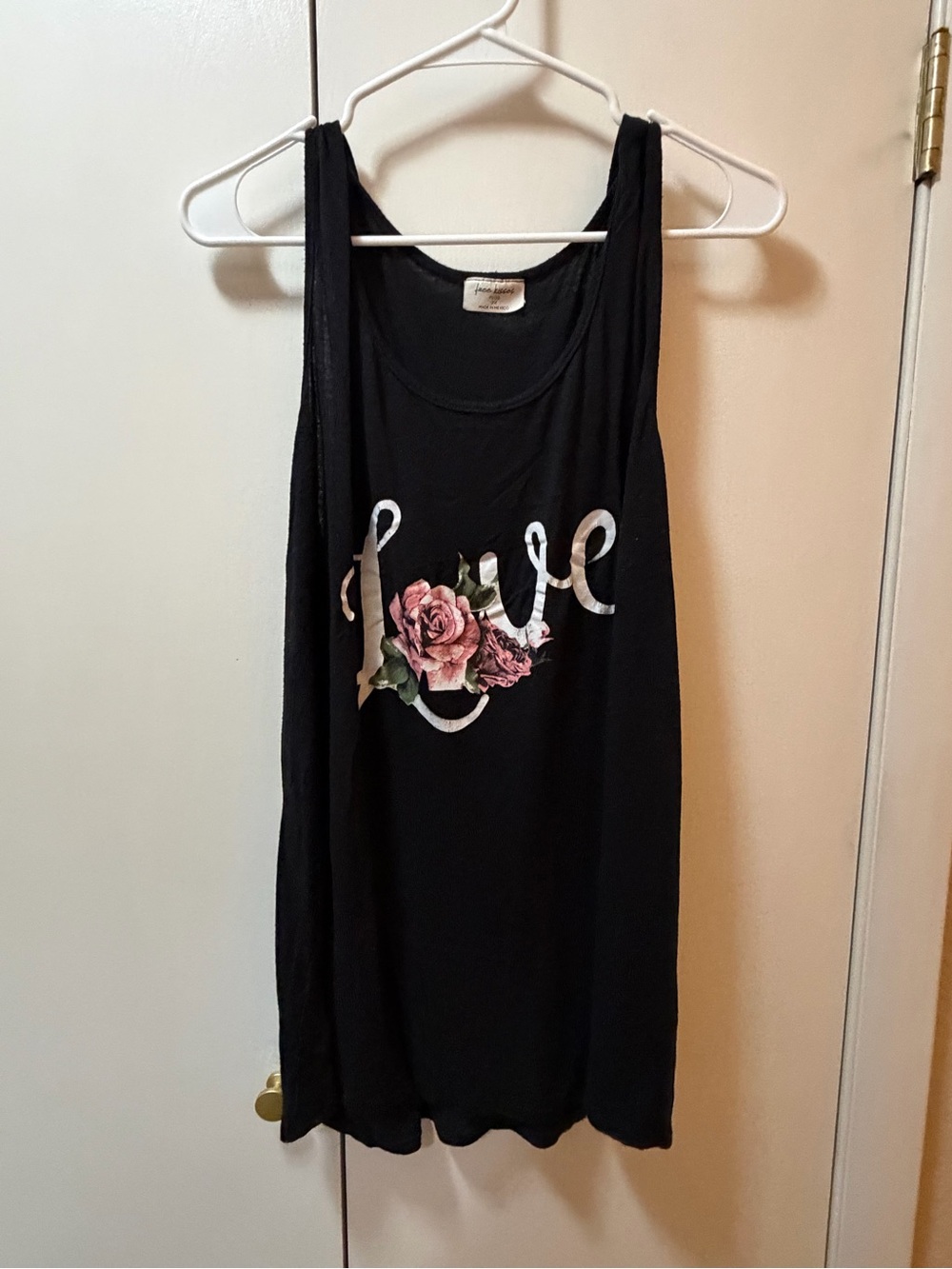 Free Kisses Black Tank Top with Pink Floral "Love" Graphic